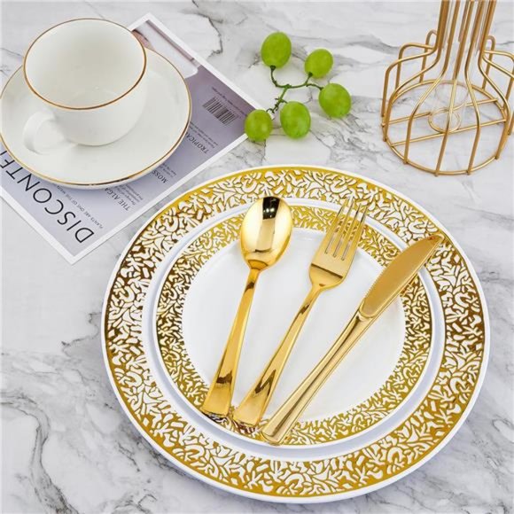 210 Count Gold Plastic Dinnerware, Gold Disposable Plates, Includes: 30 Plates - Picture 3 of 7